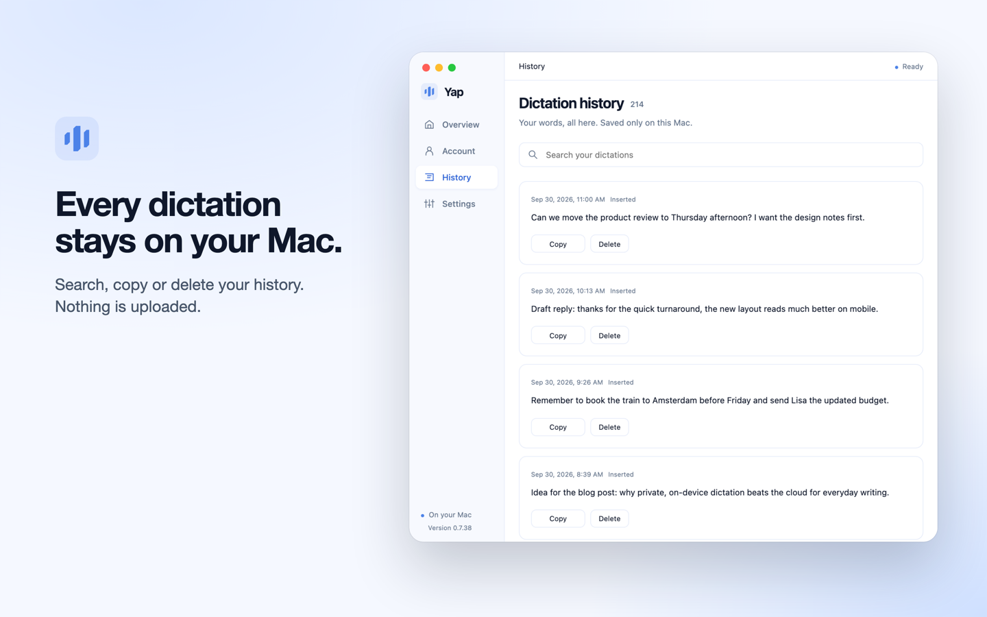 Dictation history, saved only on this Mac (sample dictations)