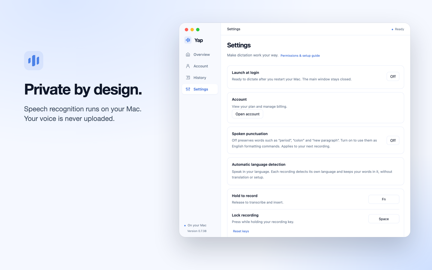 Settings: speech recognition runs on your Mac