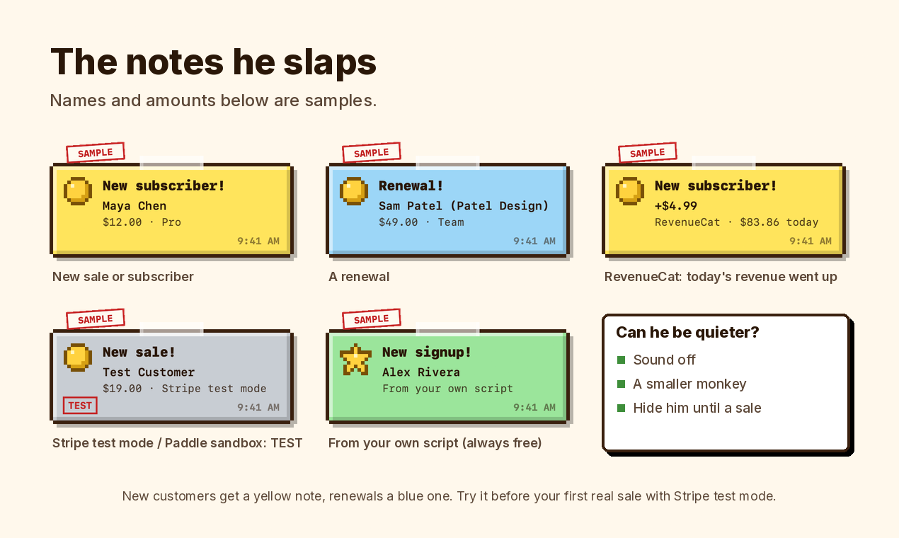 Slap Alert sample notifications with fictional names and amounts