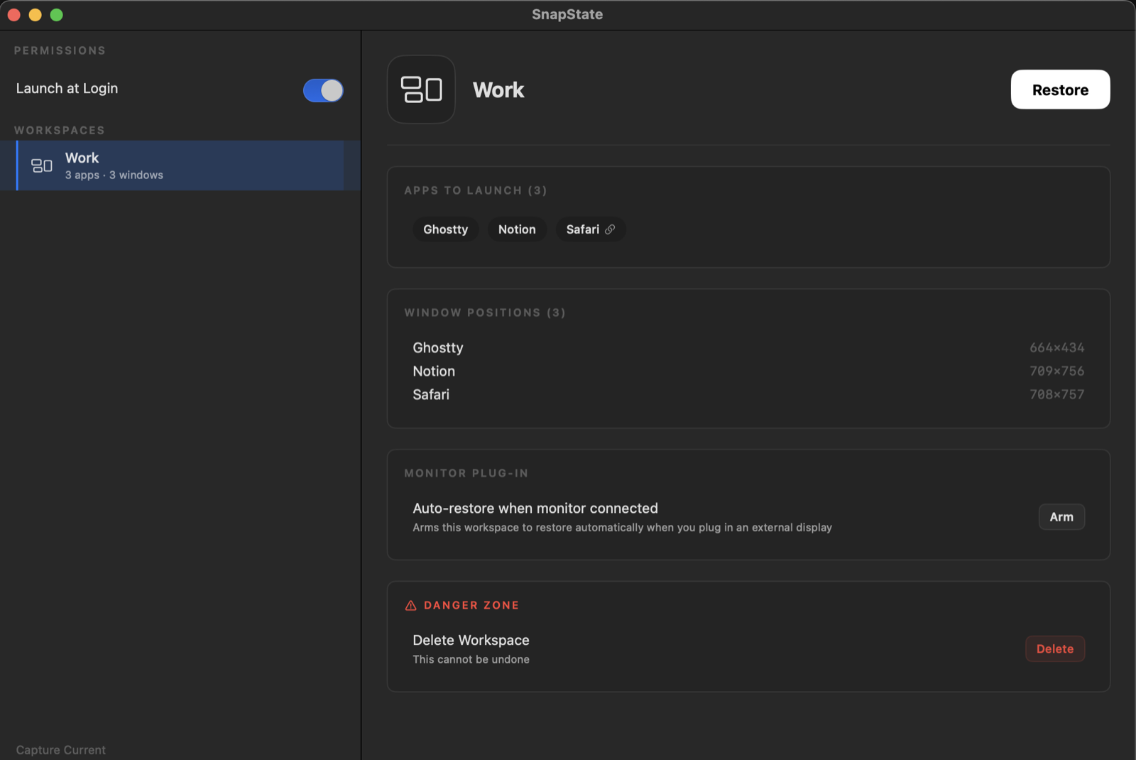 Workspace settings with saved apps, window positions and display automation.